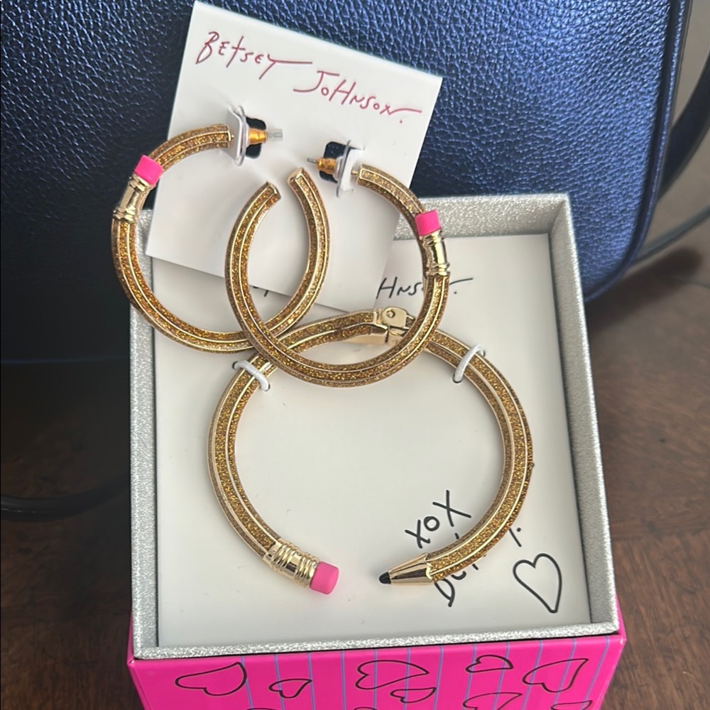 Betsey Johnson Set Pink Accented Gold Hoop Earrings and Bracelet